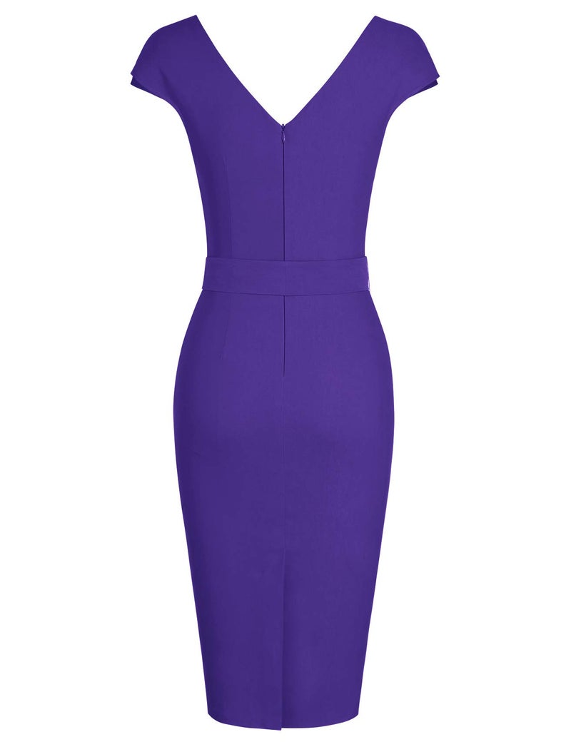 MUXXN Women's Midi Sexy Deep V Neck Cap Sleeve Pencil Bodycon Wedding Guest Vintage Cocktail Party Dress Purple L - Image 4